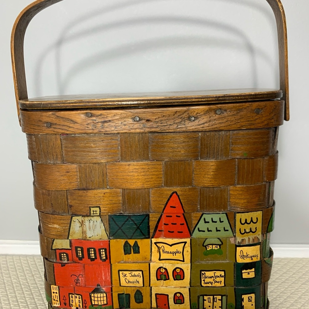 Brown Woven Basket with Colorful House Accents